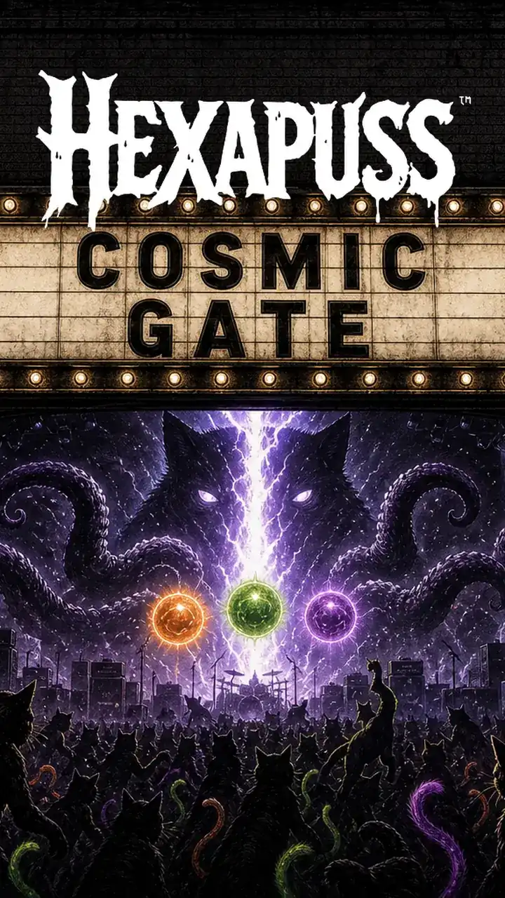 Hexapuss Cosmic Gate idea art: slam orange, green, and purple orbs to open the gate