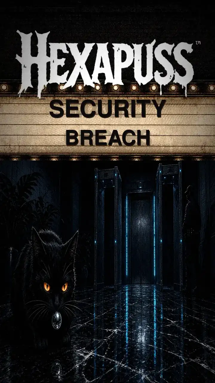 Hexapuss Security Breach idea art: black cat with a tiny pinball sneaks past metal detectors and a security guard toward the elevator