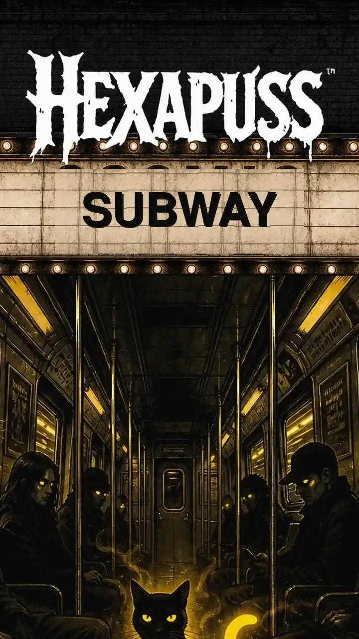 Hexapuss Subway idea art: yellow-tailed black cat on a crowded subway, yellow mist